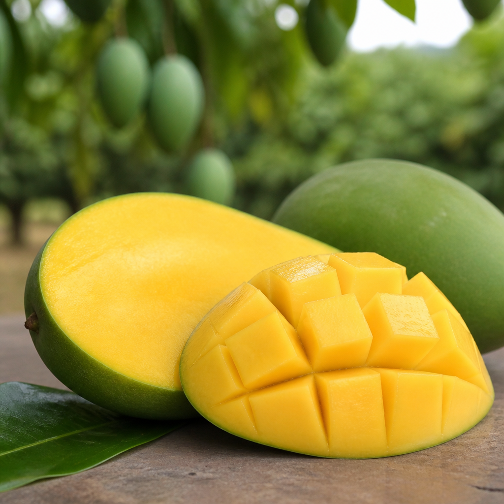Hand holding ripe Panzhihua Keitt mango showing golden flesh