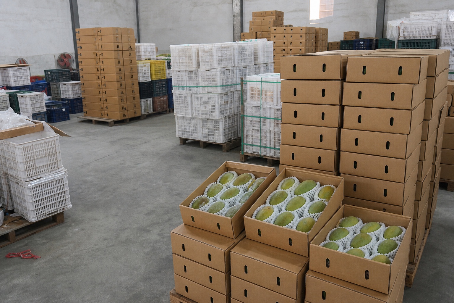 Real Keitt mango export cartons and packed fruit in Shine Mango warehouse