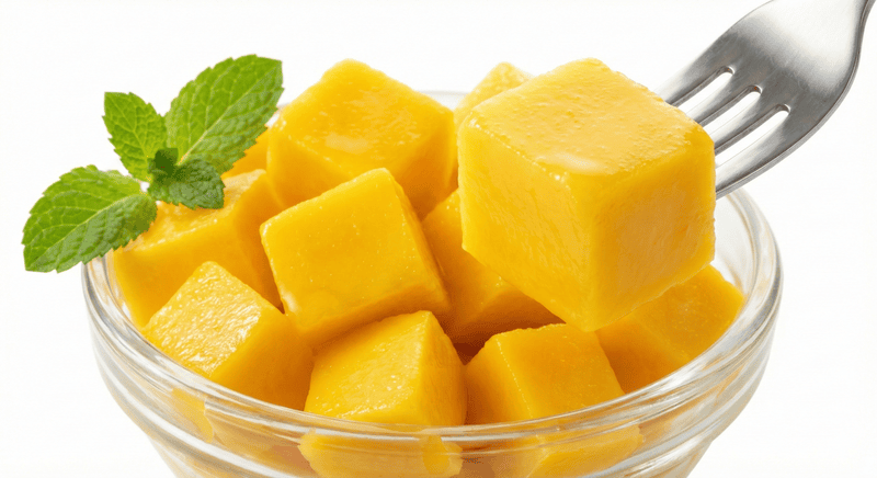 Fiber-free Keitt mango cubes showing firm texture for fresh-cut and HORECA buyers