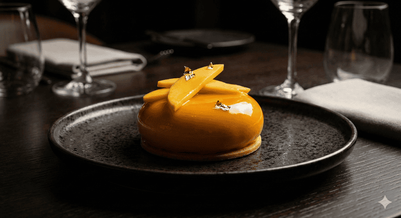 Michelin-style mango mousse cake dessert created with fiber-free Ketti mango