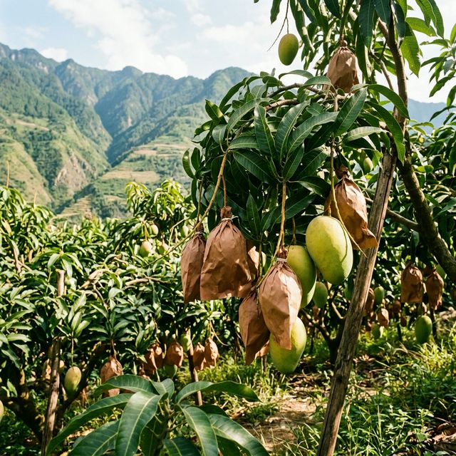 Authentic Panzhihua Keitt mango orchard showing large fruit and traditional bagging