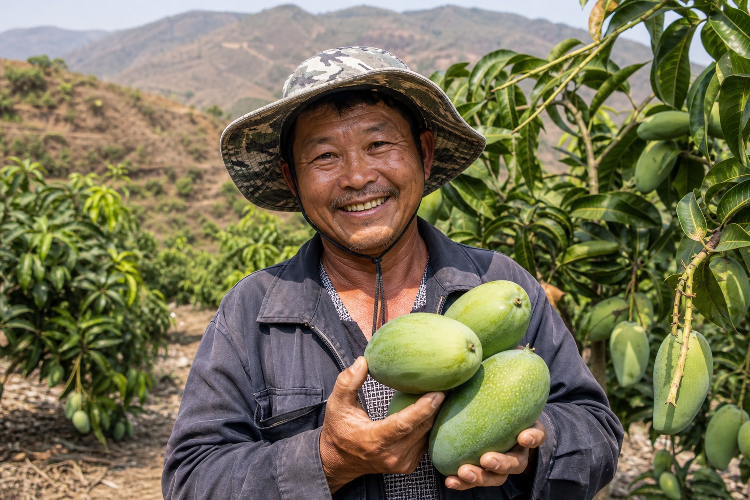 Illustrative Panzhihua mango grower smiling while holding Keitt mangoes
