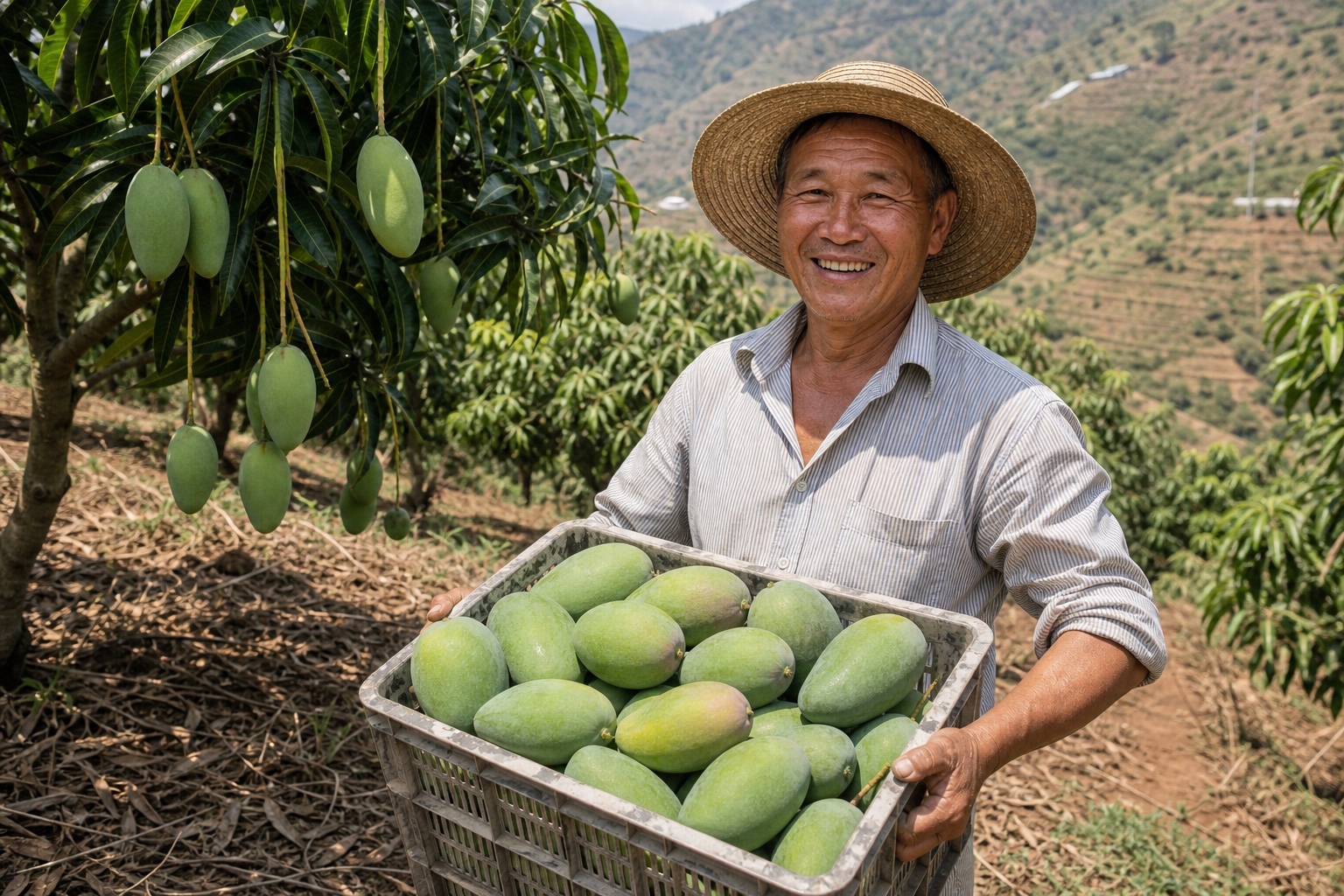 Illustrative Panzhihua grower carrying freshly harvested Keitt mangoes