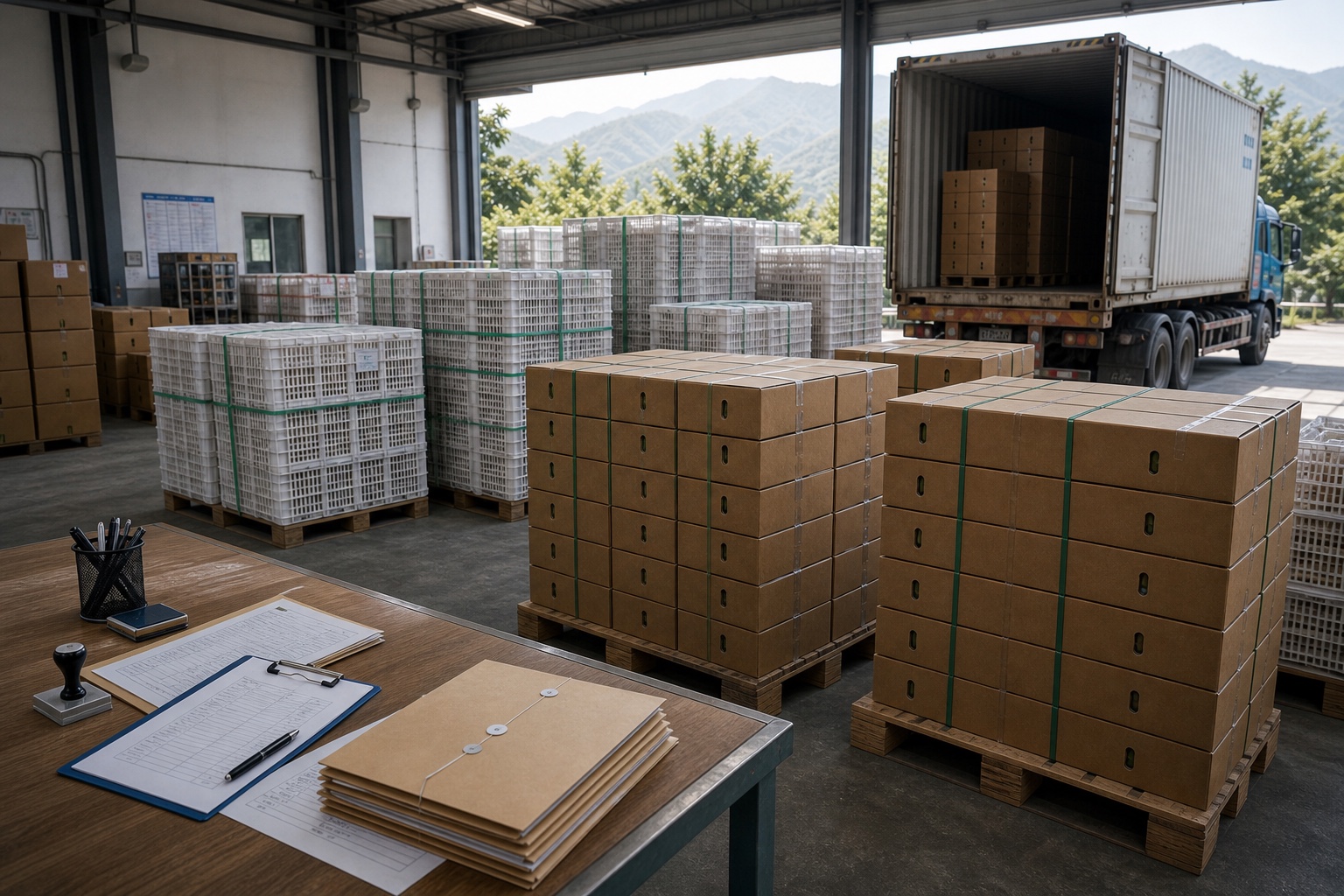 Sealed Keitt mango export cartons, documents, and refrigerated container before loading
