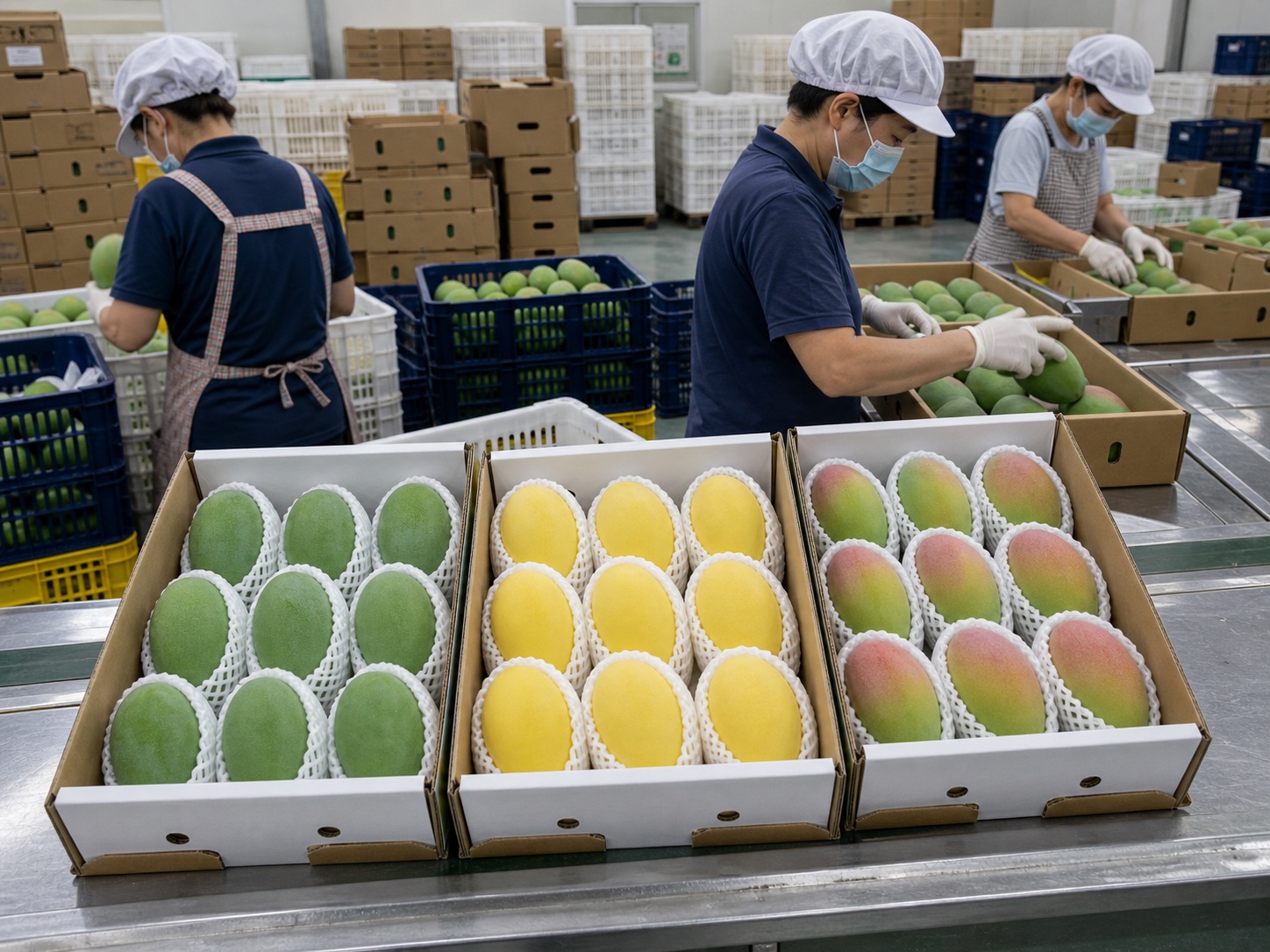 Keitt mango packing team sorting three market-ready skin colors