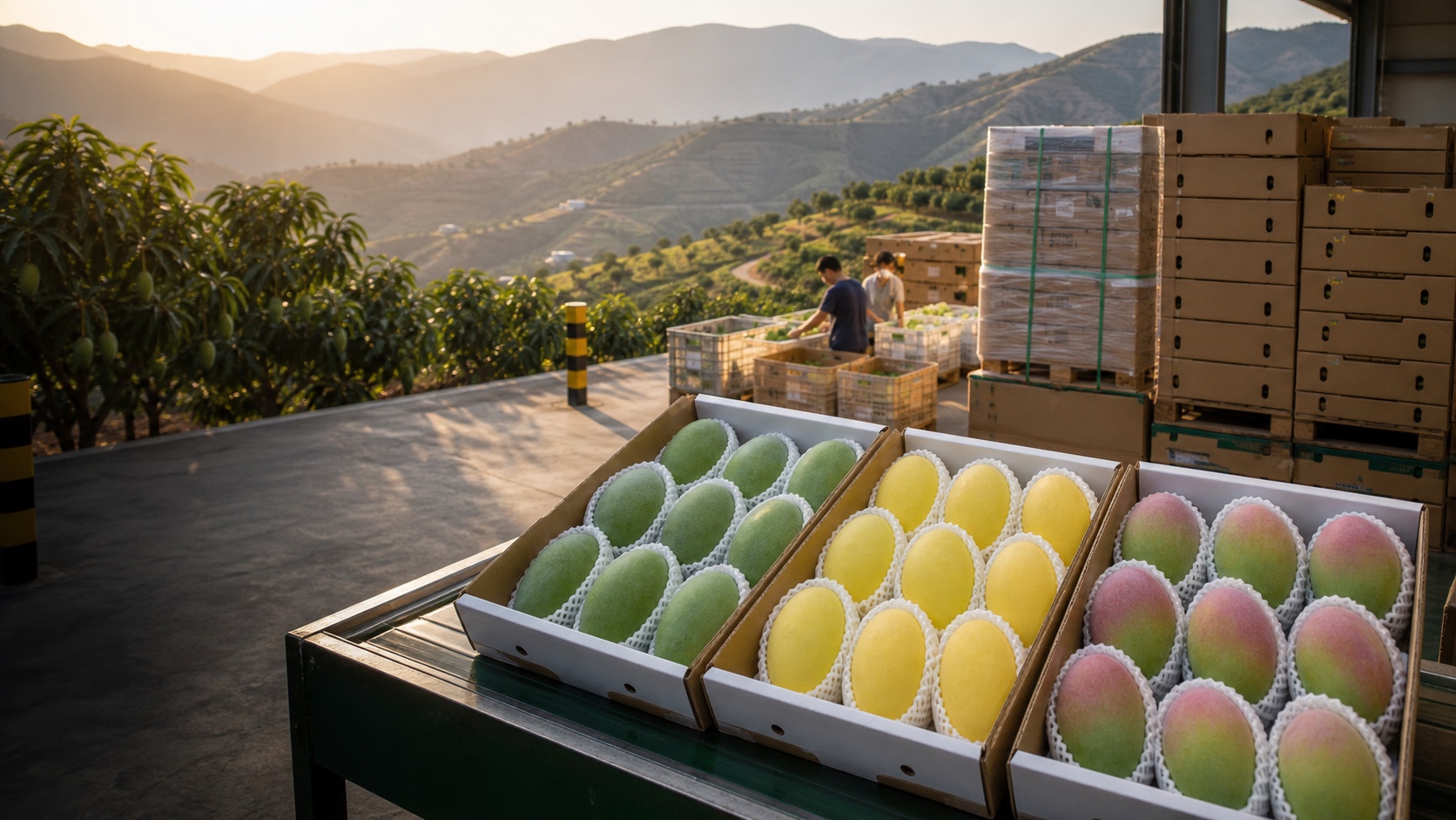 Sunshine Yellow, Emerald Green, and Rainbow Blush Keitt mango export selections from orchard to port