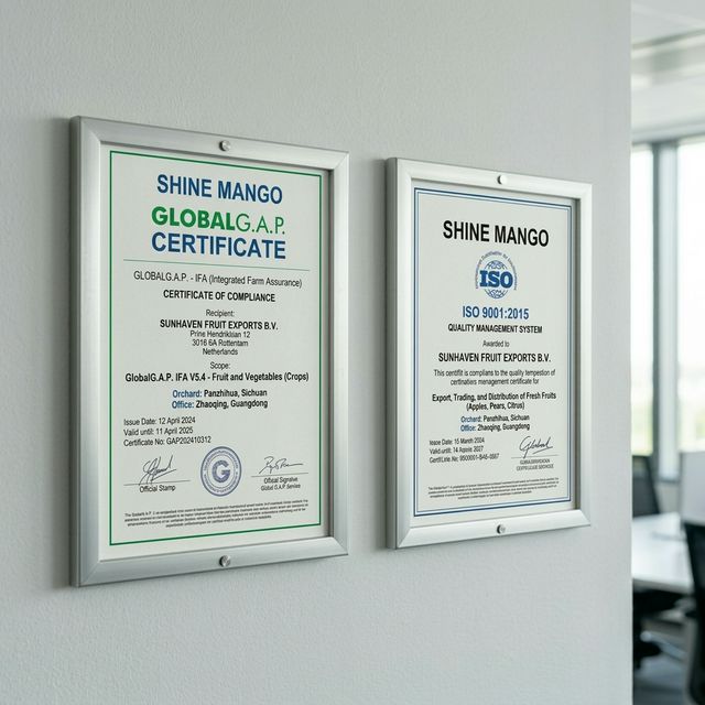 Global GAP and ISO 9001 Certifications framed on wall