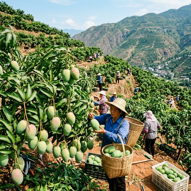 Farmers hand-harvesting Keitt mangoes on Panzhihua mountain terraces at 1,500m elevation