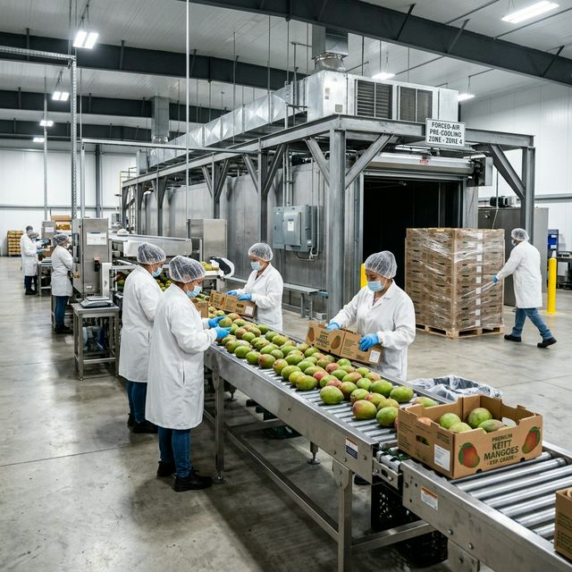 Workers in white lab coats grading Keitt mangoes on export packing line with KEITT MANGOES export cartons